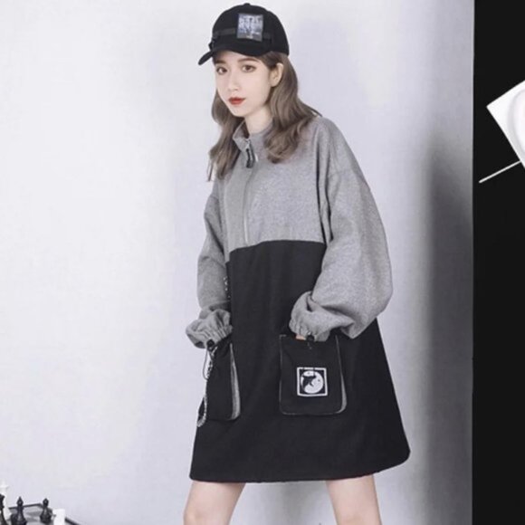 MODAKAWA Charcoal GreyBlack Light Grey Bicolour Punk Pocket Sweatshirt Dress - Picture 9 of 10